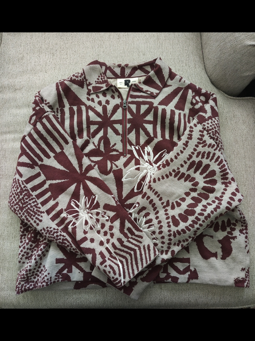 Men's size XL SAALT Studio Floral & Geometric Pullover Quarterzip Sweater